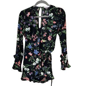 Lush Romper Black Floral Long Sleeve Keyhole Opening XS Extra Small Lightweight